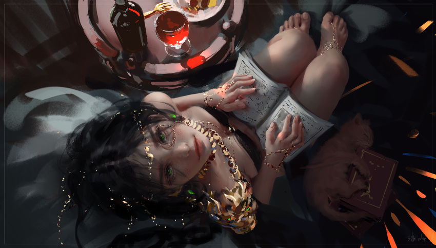 1girl anklet bare_shoulders barefoot barefoot_sandals black_hair book bottle bracelet breasts chain cleavage cup drinking_glass earrings fork from_above ghostblade gold gold_chain green_eyes head_chain highres jewelry lips looking_up magatama magatama_earrings monocle necklace open_book plate princess_aeolian reading red_lips table wine_glass wlop