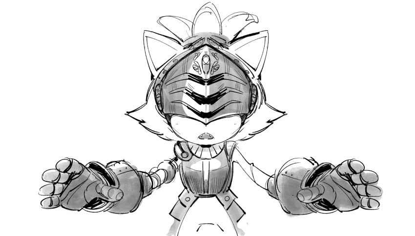 2020 5_fingers anthro armor ballad-of-gilgalad biped clothing digital_media_(artwork) domestic_cat felid feline felis female fingers front_view fur gauntlets gloves greyscale hair handwear hi_res knight mammal mask monochrome open_mouth plate_armor ponytail simple_background sir_percival_(sonic_and_the_black_knight) solo sonic_and_the_black_knight sonic_storybook_series sonic_the_hedgehog_(series) standing teeth warrior white_background