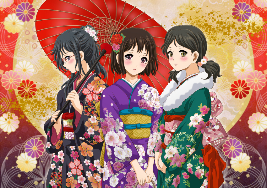 3girls absurdres black_hair black_kimono blue_eyes blush brown_hair closed_mouth floral_print flower glasses green_eyes green_kimono hair_flower hair_ornament hibike!_euphonium highres holding japanese_clothes kimono kurumiyasan_ns long_hair looking_at_viewer multiple_girls nakaseko_kaori obi ogasawara_haruka parasol parted_lips ponytail purple_kimono red-framed_eyewear red_eyes sash short_hair standing tanaka_asuka twintails umbrella