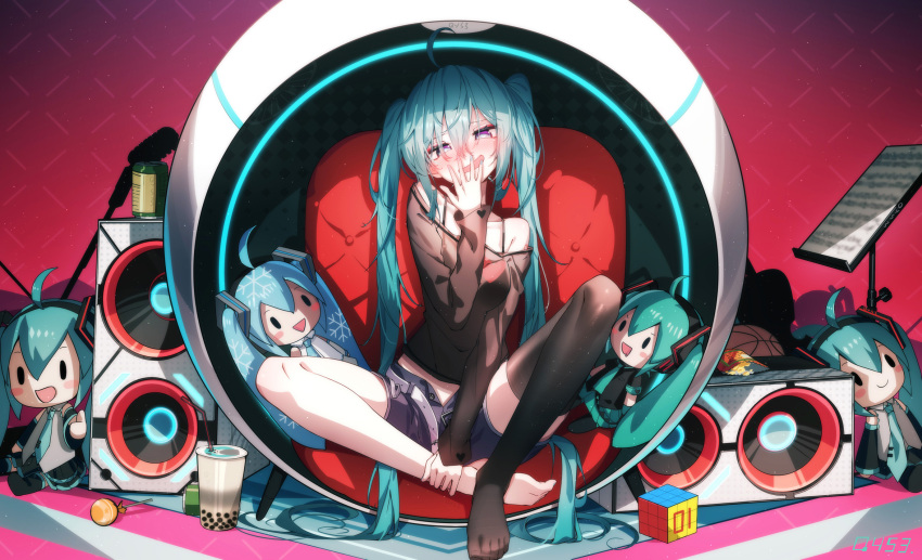 1girl ahoge bangs bare_shoulders barefoot basketball belt black_shorts blush blush_stickers bubble_tea character_doll chinese_commentary collarbone commentary covering_mouth egg_chair hand_over_own_mouth hand_up hatsune_miku highres koi_wa_sensou_(vocaloid) legs long_hair long_sleeves microphone music_stand no_shoes off_shoulder open_belt open_clothes open_mouth open_shorts qys3 red_background rubik's_cube sheet_music shirt shorts single_thighhigh sitting smile solo spaghetti_strap speaker thighhighs toes twintails very_long_hair vocaloid white_belt yuki_miku yuki_miku_(2010)