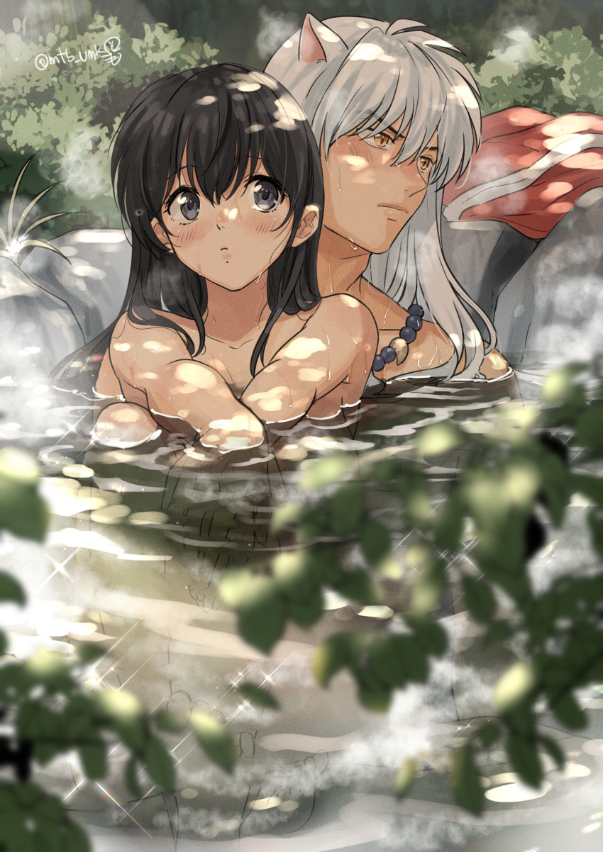 1boy 1girl animal_ears bead_necklace beads black_eyes black_hair blurry blurry_foreground blush branch bush closed_mouth clothes_removed commentary completely_nude dappled_sunlight day dog_ears eyebrows_visible_through_hair full_body hair_between_eyes hand_on_own_knee hands_together highres higurashi_kagome inuyasha inuyasha_(character) jewelry long_hair looking_away looking_back motobi_(mtb_umk) necklace nude onsen outdoors partially_submerged ripples silver_hair sitting sparkle steam straight_hair sunlight symbol_commentary twitter_username water wet yellow_eyes