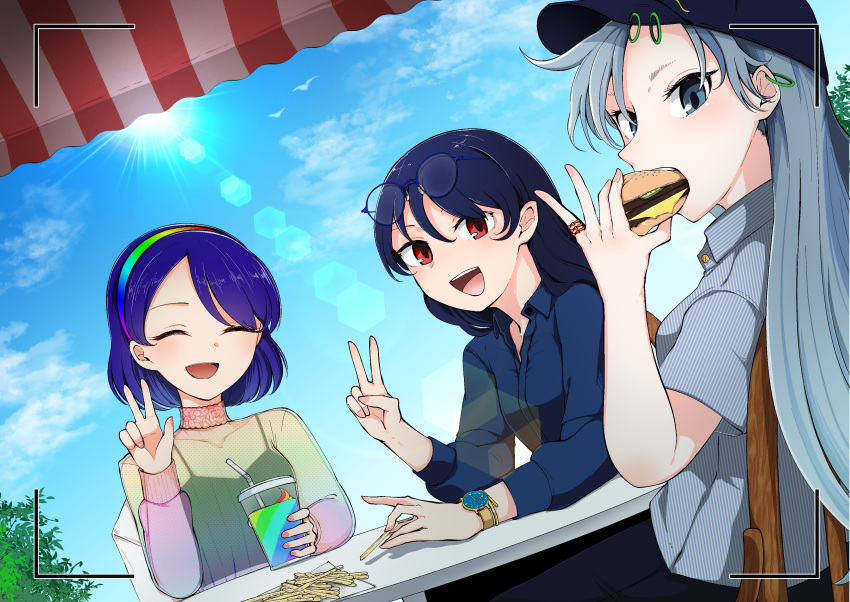 3girls absurdres alternate_costume black_camisole black_skirt blue_hair blue_shirt blue_sky bracelet burger camisole chair contemporary cup dress dutch_angle ear_piercing eyewear_on_head food french_fries glasses grey_eyes grey_hair grey_shirt hat highres himemushi_momoyo iizunamaru_megumu jewelry kaisenpurin lace_collar lens_flare long_hair long_sleeves mullet multicolored multicolored_clothes multicolored_dress multicolored_hairband multiple_girls outdoors piercing rainbow_gradient red_eyes ring see-through shirt short_hair short_sleeves skirt sky smile smoothie tenkyuu_chimata touhou watch