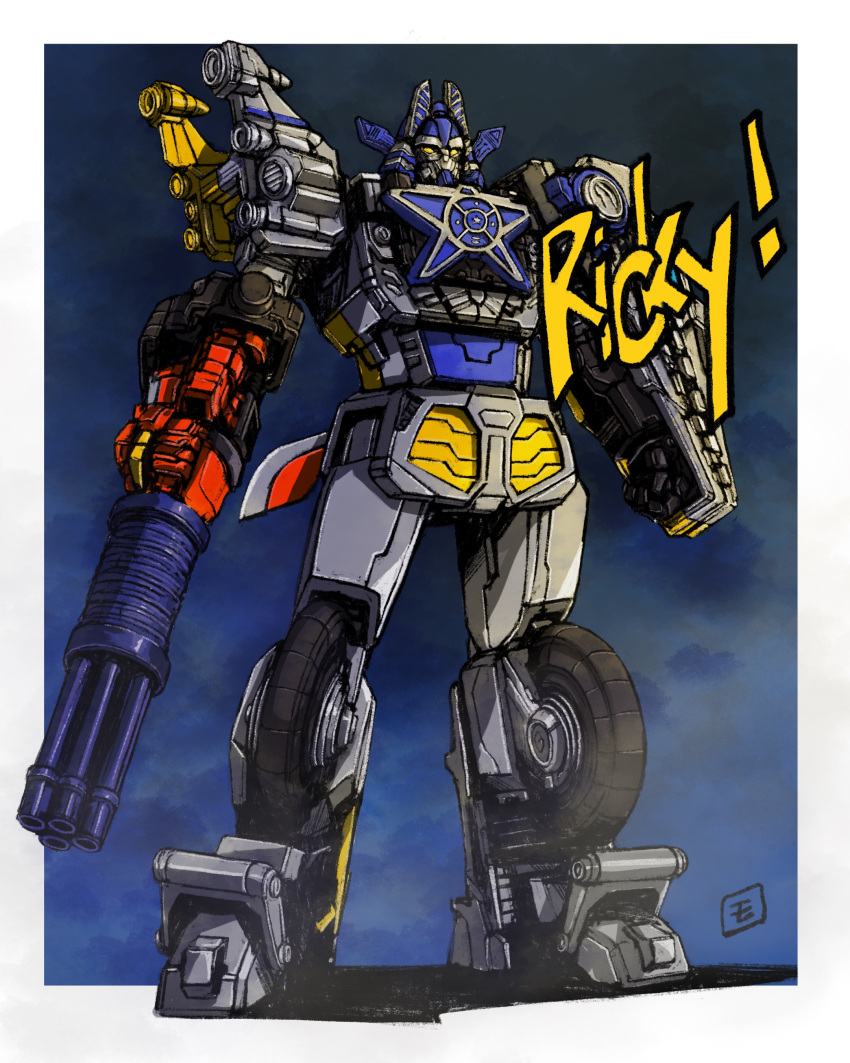 absurdres arm_cannon clenched_hand highres kikai_sentai_zenkaiger looking_up mecha moyan no_humans procreate_(medium) science_fiction solo standing super_robot super_sentai tokusatsu twokaioh_ricky weapon yellow_eyes