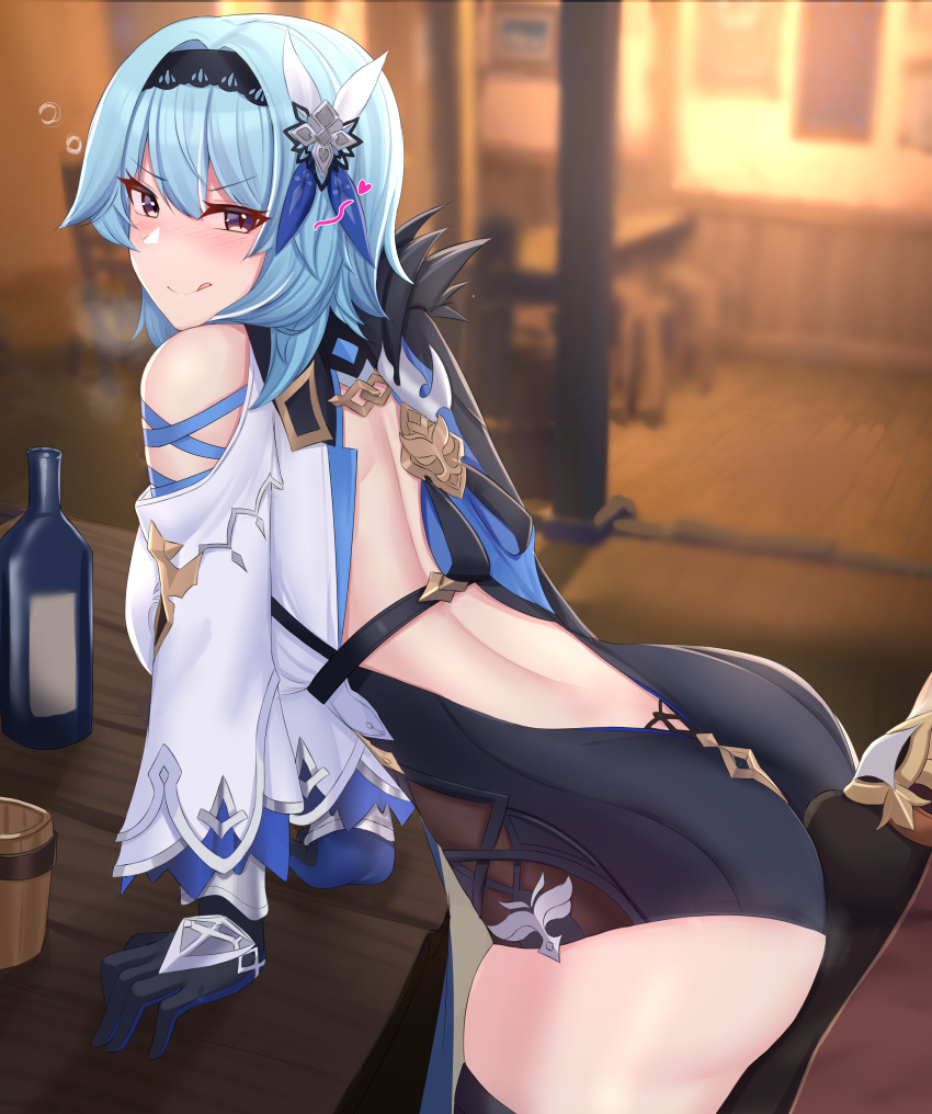 1girl absurdres aether_(genshin_impact) alcohol ass back backless_outfit bare_shoulders beer_mug bent_over between_buttocks blush bottle breasts buttjob chair clothed_sex cup erection erection_under_clothes eula_(genshin_impact) genshin_impact gloves hairband half-closed_eyes heart hetero highres huge_filesize indoors kanta_(kanta_077) leotard licking_lips long_sleeves looking_at_viewer mug naughty_face on_table pants sex table thighhighs tongue tongue_out wine_bottle wooden_table