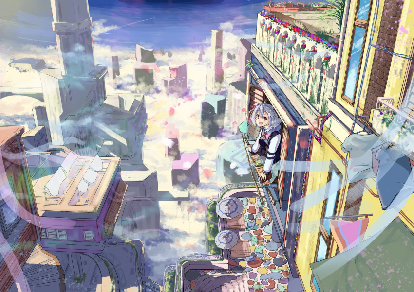 1girl absurdres arm_support ascot blazer building cevio clothes_hanger clothesline cloud commentary double_bun grey_hair highres jacket koharu_rikka looking_at_viewer parasol pink_neckwear plant potted_plant purple_eyes scenery short_hair shutter_shades smile solo stairs stone_floor synthesizer_v tower umbrella wide_shot window windowsill wronstap