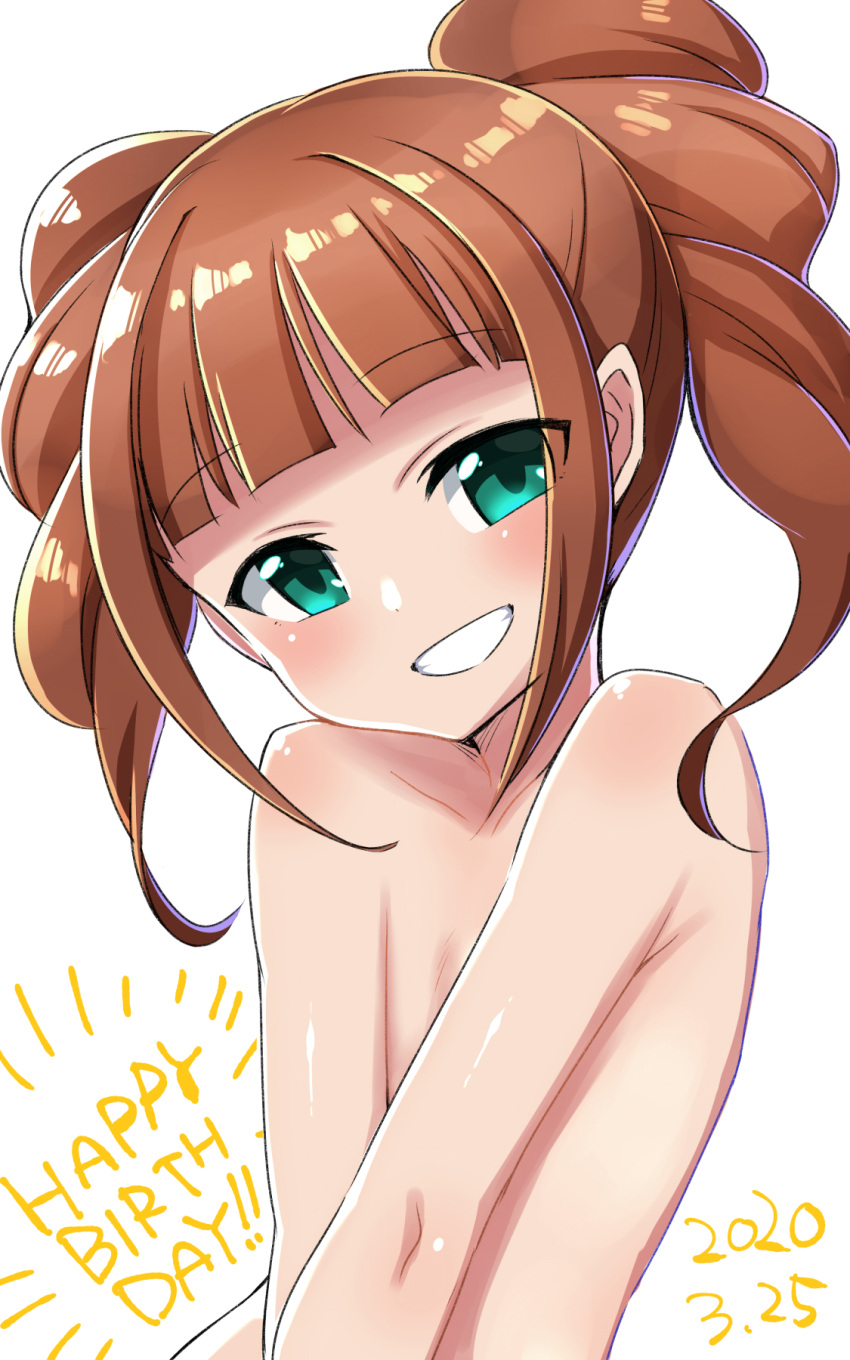 1girl brown_hair clenched_teeth completely_nude dated flat_chest green_eyes happy_birthday highres idolmaster idolmaster_(classic) konboi-eg looking_at_viewer nude short_hair simple_background smile solo takatsuki_yayoi teeth twintails white_background