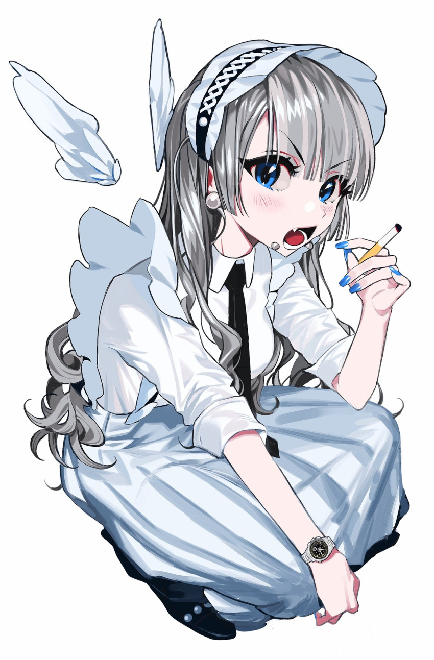 1girl 2pineapplepizza angel_wings apron black_neckwear blue_eyes blue_nails blush breasts cigarette curly_hair dress eyebrows_visible_through_hair fang fingernails frilled_apron frills highres lip_piercing long_hair maid maid_headdress necktie open_mouth original piercing silver_hair simple_background waist_apron watch white_background white_dress wing_collar wings wristwatch