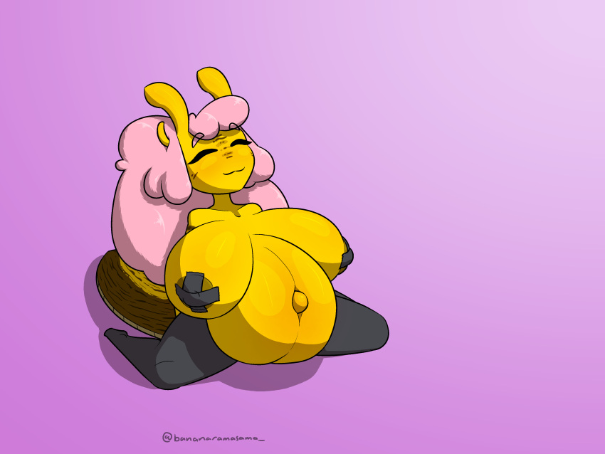 4:3 absurd_res anthro banana_slug bananaramasama belly big_belly big_breasts breasts clothing female herm_(lore) hi_res huge_breasts hyper hyper_belly kela_ariolima legwear nipple_tape pasties pregnant short_stack solo tape thigh_highs