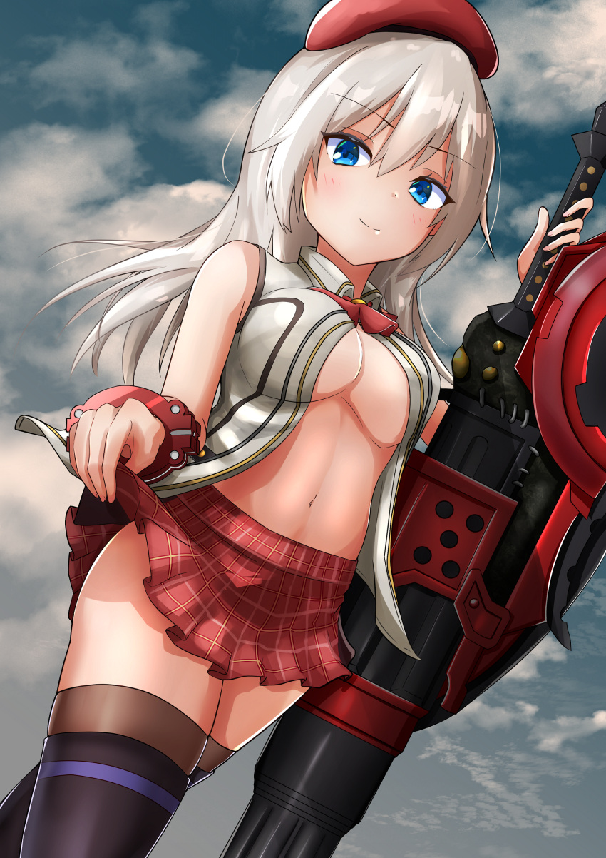 1girl absurdres alisa_ilinichina_amiella ariuru_(arinrin00) bangs bare_shoulders beret black_footwear black_legwear blue_eyes blue_sky blush boots bracer breasts closed_mouth cloud cloudy_sky collared_shirt commentary_request cowboy_shot eyebrows_visible_through_hair gloves god_eater god_eater_2:_rage_burst groin hair_between_eyes hat highres holding holding_weapon huge_weapon large_breasts lifted_by_self light_blush long_hair looking_at_viewer navel neck_ribbon partial_commentary partially_unbuttoned plaid plaid_skirt red_headwear red_neckwear red_skirt ribbon shirt sidelocks silver_hair skindentation skirt skirt_lift sky sleeveless sleeveless_shirt smile solo standing stomach thigh_boots thighhighs underboob weapon white_shirt zettai_ryouiki