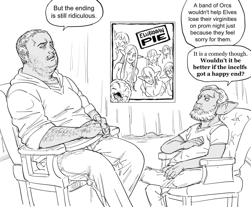american_pie armchair bb_(baalbuddy) chair commentary crossed_legs dark_skin dark_skinned_male elf english_commentary english_text facial_hair goblin greyscale highres hood hoodie jay_bauman mike_stoklasa monochrome movie_poster orc pants pointy_ears redlettermedia shirt short_sleeves sitting smile stubble tusks