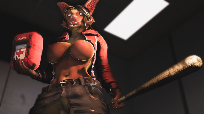 16:9 3d_(artwork) anthro baseball_bat bat_(object) bat_(petruz) bottomwear breasts brown_body brown_fur brown_hair chiropteran clothed clothing denim denim_clothing digital_media_(artwork) elevator exposed_breasts female first_aid_kit fur genitals grey_eyes hair hi_res jacket jeans left_4_dead_(series) looking_at_viewer low-angle_view mammal medical_instrument navel nipples nude pants pussy ragged_clothing scientific_instrument smile smiling_at_viewer solo source_filmmaker tongue tongue_out topwear torn_clothing valve video_games widescreen wuzy2121 zoey_(left_4_dead)