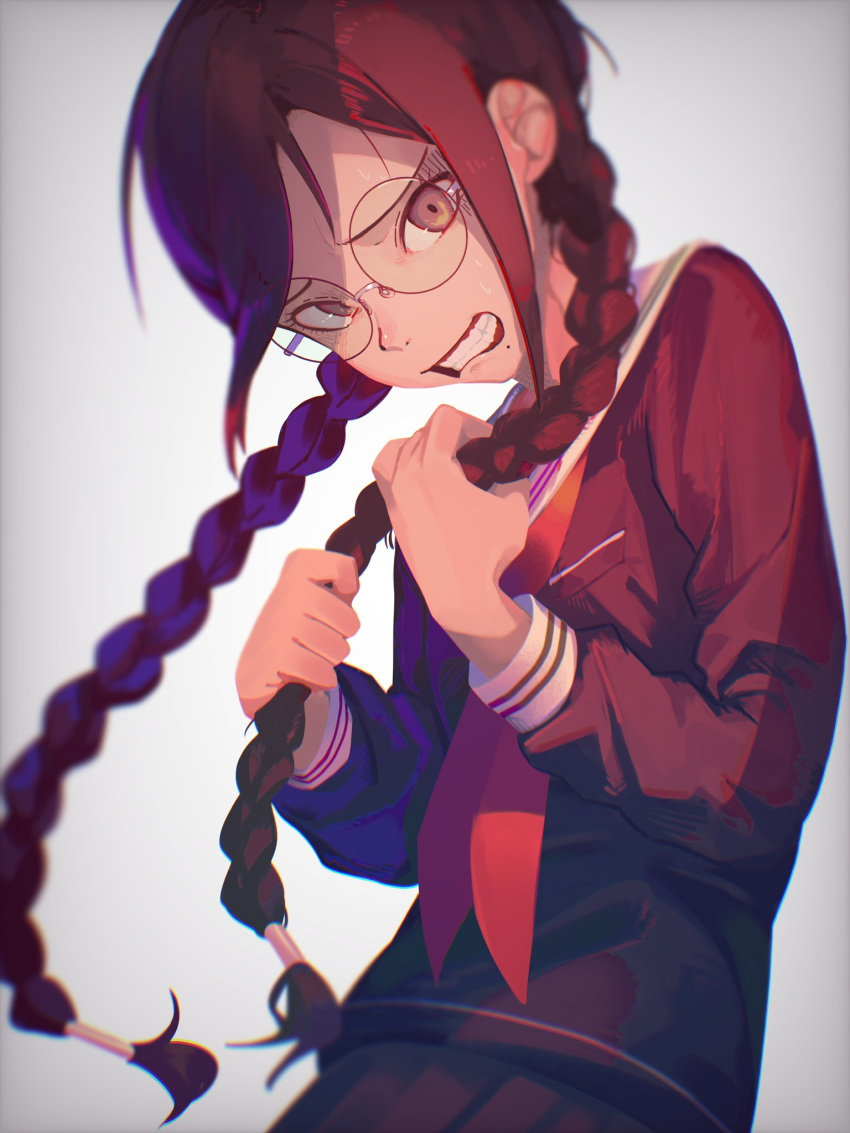 1girl bangs black_shirt black_skirt blurry braid brown_eyes clenched_teeth da_mei danganronpa:_trigger_happy_havoc danganronpa_(series) fukawa_touko grey_background hands_up highres holding holding_hair long_hair long_sleeves mole mole_under_mouth neckerchief pleated_skirt red_eyes round_eyewear sailor_collar school_uniform serafuku shirt skirt solo teeth twin_braids