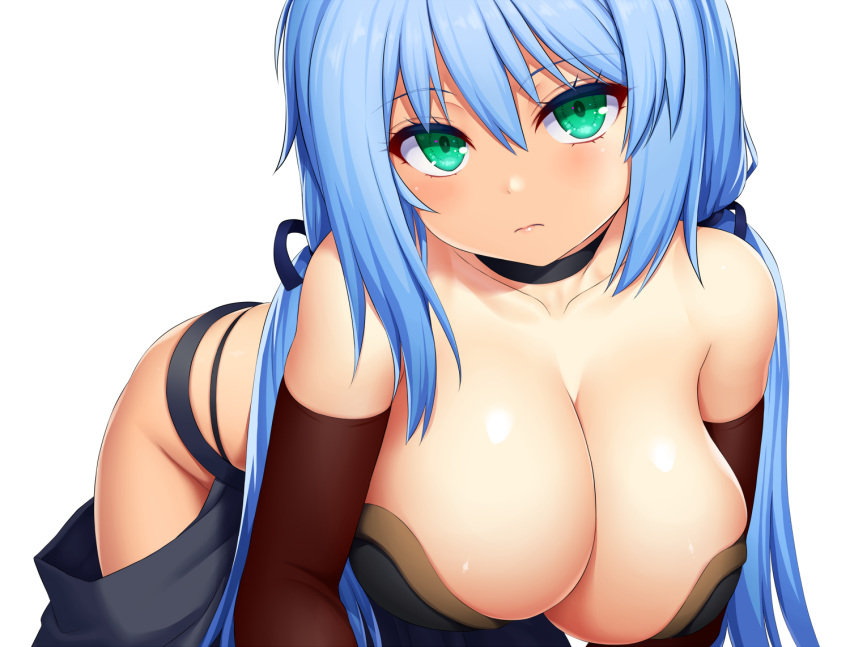 1girl all_fours asamura_hiori bare_shoulders black_dress blue_hair blush breasts choker cleavage collarbone commentary_request dress elbow_gloves expressionless gloves gold_trim green_eyes large_breasts long_hair looking_at_viewer original simple_background solo white_background