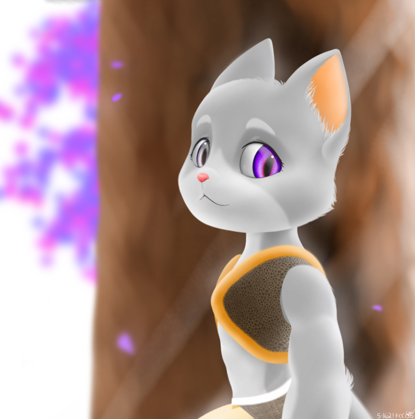 aila_(fcc) anthro branch domestic_cat fairycatcreation falling_petals felid feline felis female flower fur grey_body grey_fur heterochromia leader light looking_aside mammal muscular muscular_anthro muscular_female petals plant pointed_nose purple_eyes silver_eyes sitting sitting_on_branch solo sunlight