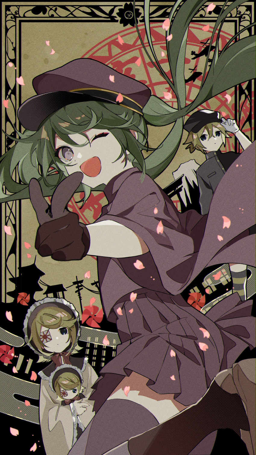 1boy 2girls absurdres bangs black_shirt blonde_hair blue_eyes character_doll cherry_blossoms commentary_request doll doll_hug dutch_angle eyebrows_visible_through_hair eyepatch film_grain frilled_hat frills from_side gloves green_hair hair_between_eyes hand_on_headwear hat hatsune_miku highres holding holding_doll kagamine_len kagamine_rin leg_up long_hair military military_hat military_uniform multiple_girls omutatsu one_eye_closed one_eye_covered open_mouth pinwheel pleated_skirt pointing pointing_at_viewer purple_eyes purple_gloves purple_headwear purple_legwear purple_shirt purple_skirt red_neckwear senbon-zakura_(vocaloid) shadow shiny shiny_hair shirt short_hair skirt striped striped_legwear swept_bangs thighhighs uniform vocaloid wide_sleeves zettai_ryouiki