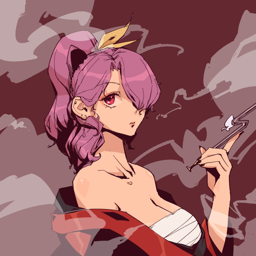 1girl bare_shoulders black_nails breasts collarbone ear_piercing earrings expressionless hand_up highres holding holding_pipe japanese_clothes jewelry kimono kiseru komakusa_sannyo large_breasts long_hair looking_at_viewer nail_polish off_shoulder piercing pipe ponytail purple_eyes purple_hair red_background red_kimono sarashi simple_background smoke solo stank touhou upper_body