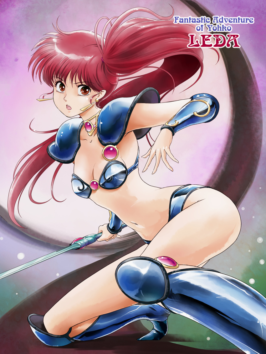 1girl arm_up armor armpits asagiri_youko bikini bikini_armor bikini_top boots breasts brown_eyes character_name choker cleavage commentary_request copyright_name earrings foreshortening from_side gem genmu_senki_leda highres jewelry knee_boots legs long_hair navel one_knee open_mouth outstretched_arms partial_commentary pauldrons red_hair revision shoulder_armor side_ponytail small_breasts solo swimsuit sword tamanegiinyo vambraces very_long_hair weapon