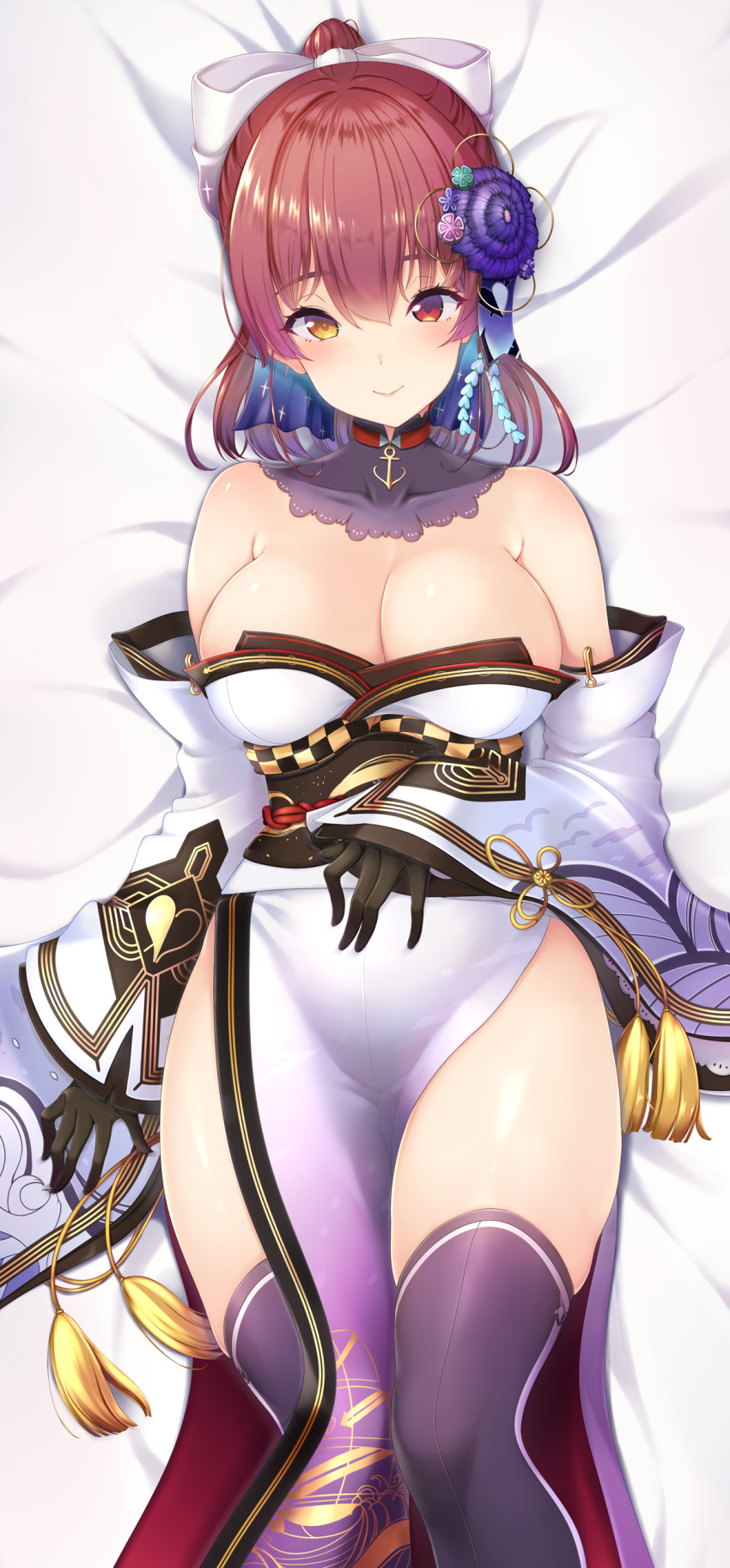 1girl absurdres alternate_hairstyle bangs bare_shoulders bed black_gloves black_legwear blush breasts cleavage collarbone detached_collar detached_sleeves eyebrows_visible_through_hair from_above gloves hair_ornament hair_ribbon heterochromia highres hololive houshou_marine japanese_clothes large_breasts looking_at_viewer masaoka_misaki on_bed red_eyes red_hair ribbon side_slit skindentation sleeves_past_wrists smile solo thick_thighs thighhighs thighs traditional_clothes virtual_youtuber white_ribbon wide_sleeves yellow_eyes