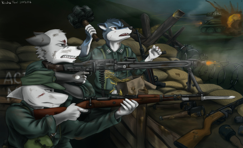 absurd_res angry anthro blue_body blue_fur canid canine canis clothed clothing detailed_background explosion explosives fish fully_clothed fur germany grenade grey_body grey_fur group gun hat headgear headwear hi_res kar98k krahs_tsai looking_aside machine_gun male mammal marine mg42 military military_cap military_clothing military_hat military_uniform military_vehicle mp_40_smg nazi ppsh-41 ranged_weapon sandbag shark soldier tank trench uniform vehicle warrior weapon wolf world_war_2