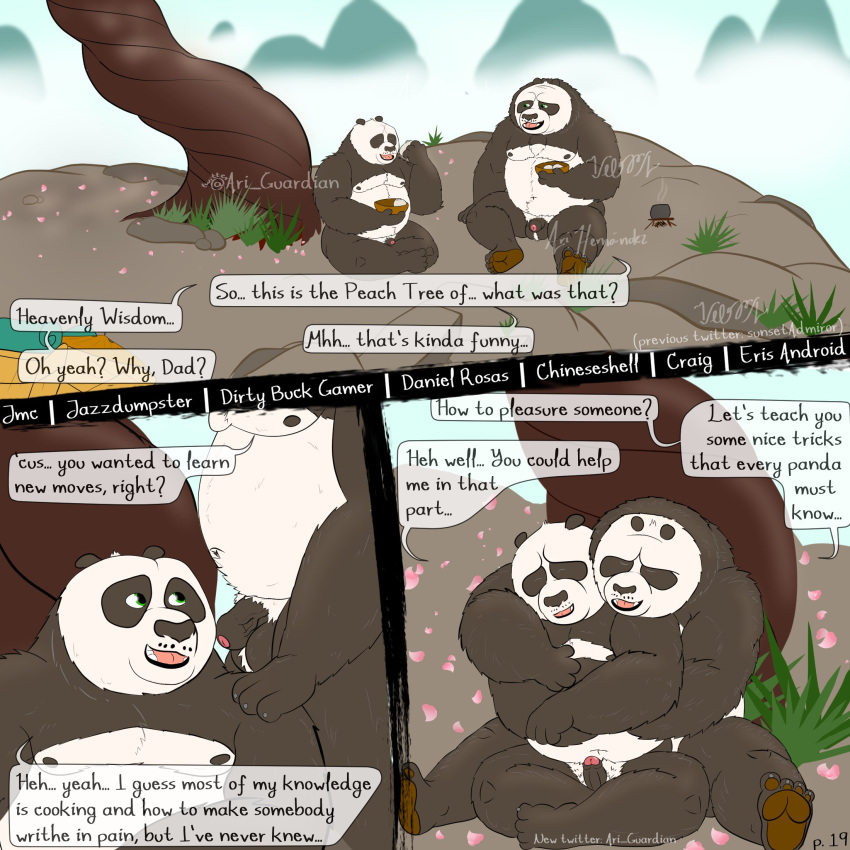 1:1 2021 anthro ari_guardian balls black_body black_fur black_nose comic detailed_background dreamworks duo eating english_text erection eyes_closed father father_and_child father_and_son flaccid fur genitals giant_panda hi_res hug hugging_from_behind incest_(lore) kung_fu_panda li_shan_(kung_fu_panda) male male/male mammal master_po_ping moobs nipples outside overweight overweight_male parent parent_and_child penis plant sitting son text tree ursid white_body white_fur