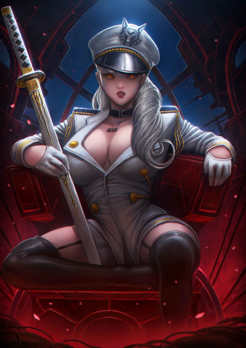 1girl absurdres black_legwear breasts cleavage garter_straps gloves hair_over_shoulder half_gloves hat highres holding holding_sword holding_weapon long_hair looking_at_viewer military_hat military_jacket original parted_lips silver_hair sitting sword thighs tubslab weapon white_gloves window yellow_eyes