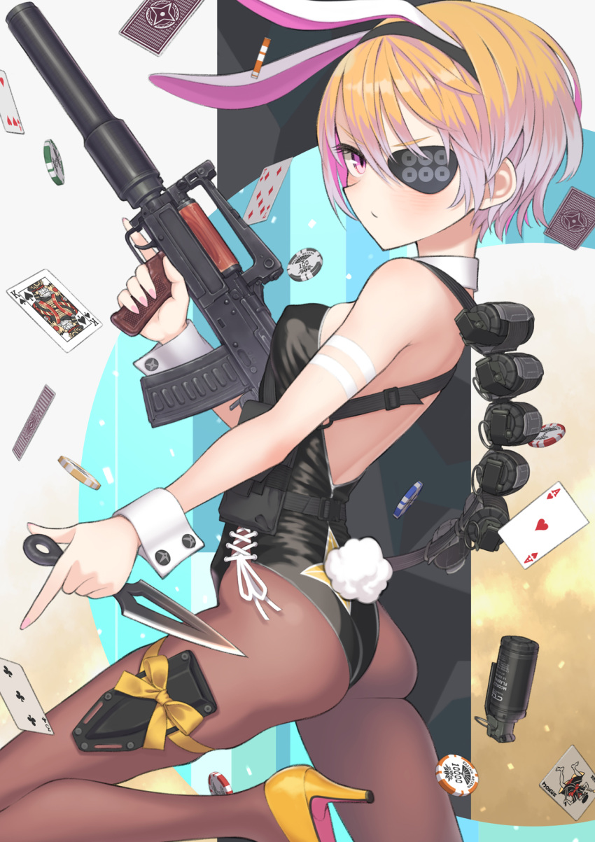 1girl ace_of_hearts animal_ears assault_rifle backless_outfit black_leotard blonde_hair breasts bullpup bunny_tail card commentary_request detached_collar explosive eyebrows_visible_through_hair eyepatch fake_animal_ears fake_tail grenade gun harness high_heels highres kunai leotard looking_at_viewer original ots-14 pantyhose playboy_bunny playing_card poker_chip purple_eyes rifle samaru_(seiga) short_hair small_breasts solo strapless strapless_leotard suppressor tail thigh_sheath trigger_discipline weapon weapon_request wrist_cuffs