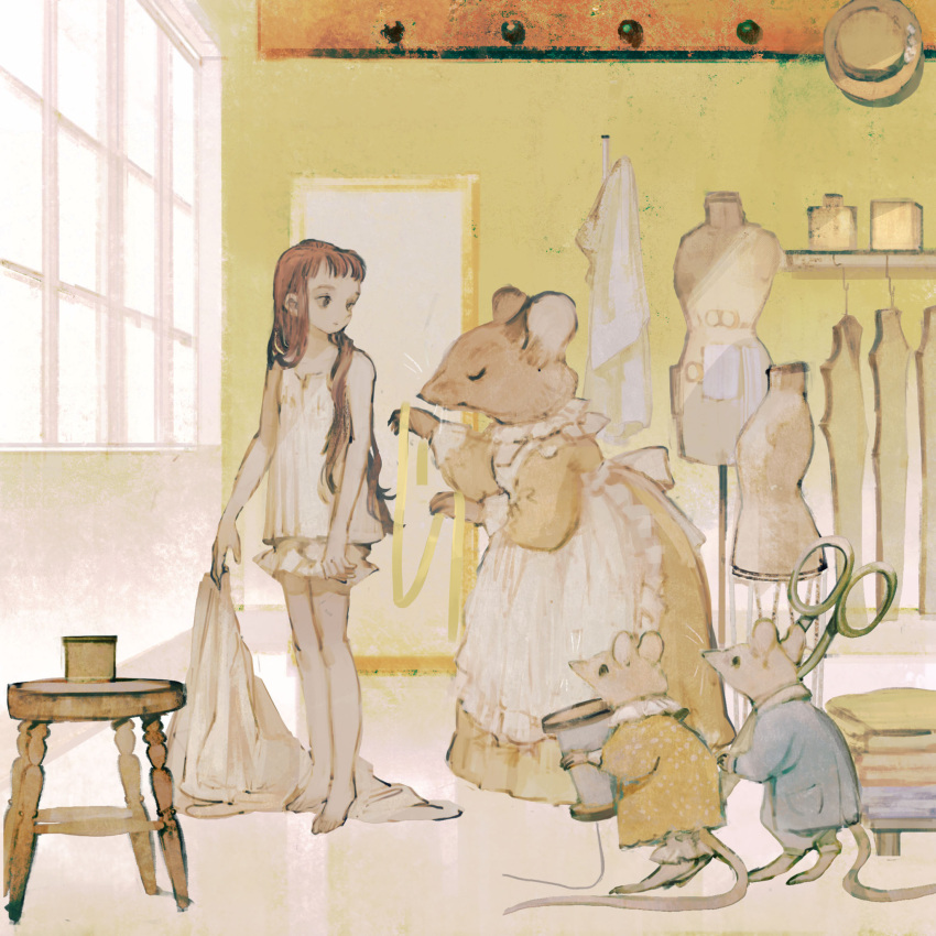 1girl animal animal_in_clothes barefoot bloomers brown_hair camisole child dress dress_form dress_removed hat highres indoors long_hair mirror mouse original rt0no scissors spool stool tailor tape_measure thread underwear window