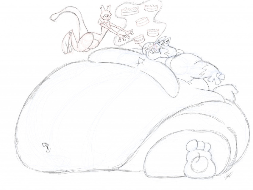 ambiguous_gender anthro black_and_white cake dessert duo feeding feral food force_feeding forced immobile joe-anthro legendary_pok&eacute;mon lucario mewtwo monochrome morbidly_obese navel nintendo obese overweight pok&eacute;mon pok&eacute;mon_(species) simple_background sitting sketch stuffing video_games weight_gain white_background