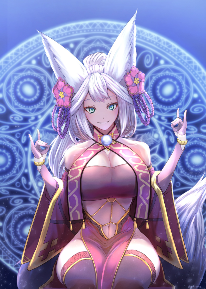 abstract_background accessory animal_humanoid armwear bare_shoulders big_breasts big_ears black_clothing black_legwear black_topwear blue_eyes bottomwear bracelet breasts canid canid_humanoid canine canine_humanoid cleavage clothed clothing curvy_figure detached_sleeves erune female flower flower_in_hair fluffy fluffy_ears fluffy_tail fox_humanoid fox_shadow_puppet front_view fully_clothed fur gesture gollizo granblue_fantasy hair hair_accessory hi_res hourglass_figure humanoid humanoid_hands jewelry legwear light_body light_skin loincloth long_ears long_hair looking_at_viewer magic magic_circle mammal mammal_humanoid midriff monotone_body monotone_fur monotone_hair navel pink_clothing plant purple_clothing sitting small_waist smile societte_(granblue_fantasy) solo thigh_highs topwear tube_top white_body white_fur white_hair wide_hips