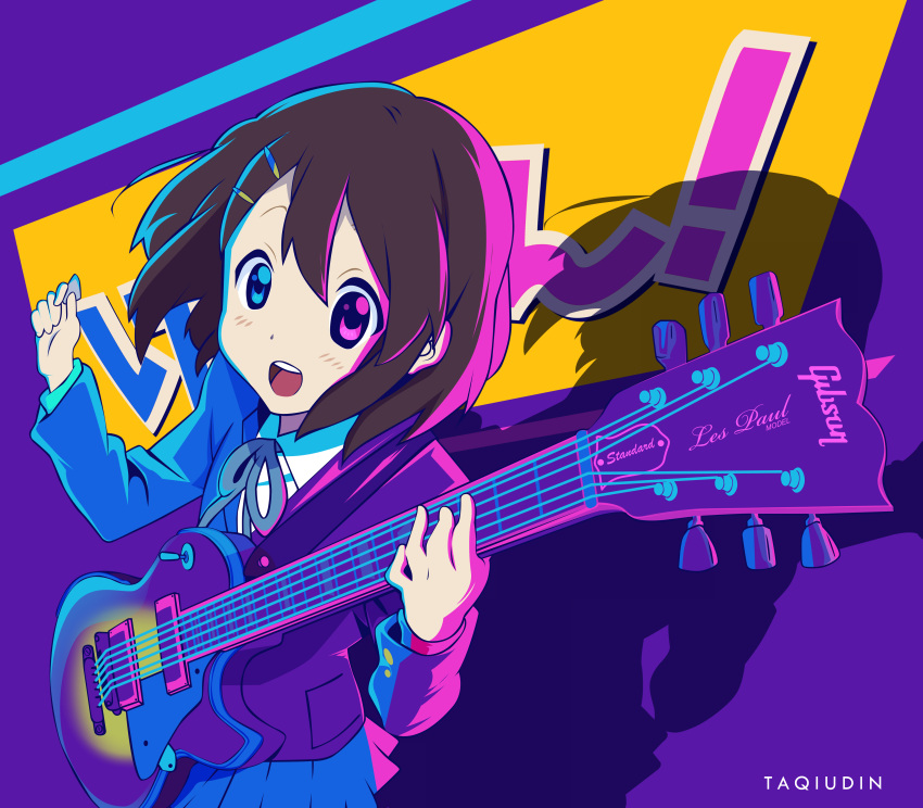 absurdres artist_name background_text bangs blue_eyes buttons electric_guitar english_text gibson gibson_les_paul guitar hair_between_eyes hair_ornament hairclip hands_up heterochromia highres hirasawa_yui instrument jacket k-on! light_blush long_sleeves multicolored multicolored_background music open_mouth playing_instrument purple_background purple_eyes ribbon school_uniform shadow shirt short_hair signature skirt smile taqi99 yellow_background