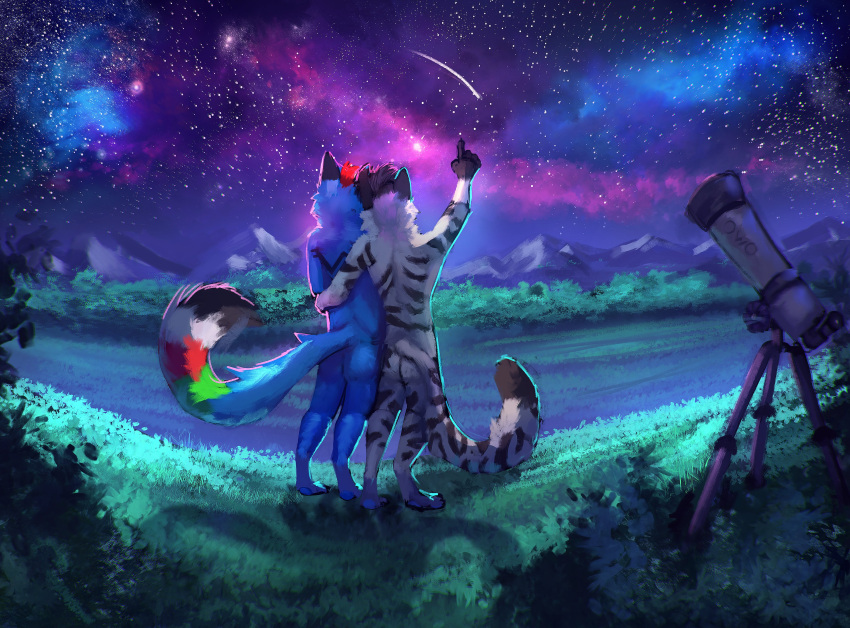 2020 absurd_res anthro berubeswagos biped black_body black_fur blue_body blue_fur canid canine canis digital_media_(artwork) duo fur gesture grass hair hi_res hug mammal mountain multicolored_tail night nude outside plant pointing red_hair shooting_star sky standing star starry_sky telescope wolf
