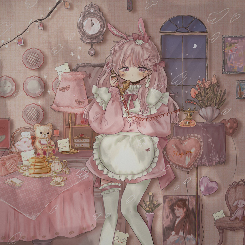 2girls apron balloon cabinet chest_of_drawers christmas_lights clock cup doily flower food_print frilled_sleeves frills heart heart-shaped_balloon highres lamp lights long_sleeves maid maid_apron moon multiple_girls original painting_(object) pendulum phone pink_sleeves pink_sweater radio sad saucer shinanashina strawberry_print stuffed_animal stuffed_toy sweater table teacup teapot teddy_bear thighhighs vase window wire