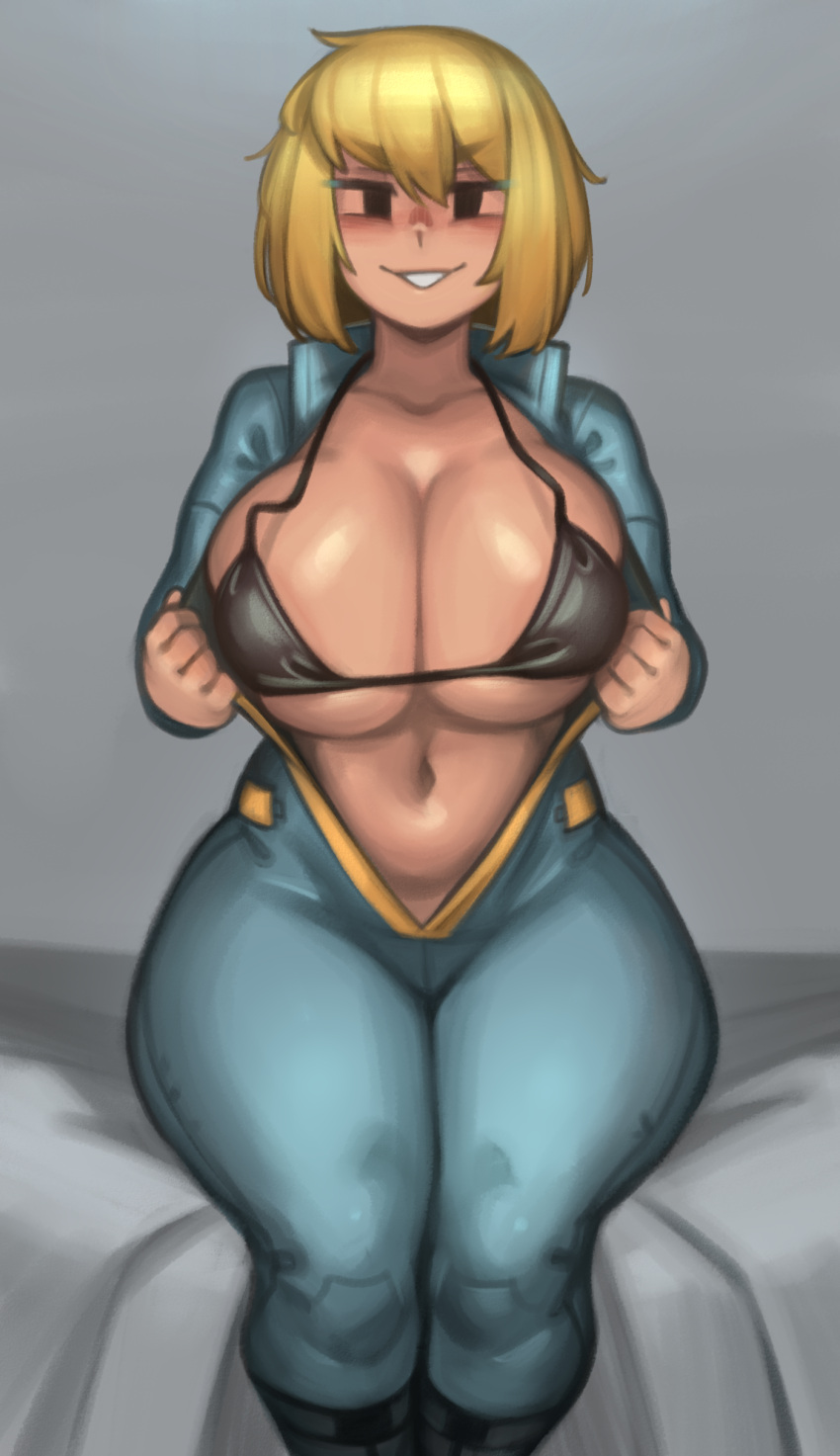 1girl absurdres bed_sheet belly bikini bikini_top bikini_under_clothes black_bikini black_eyes blonde_hair blue_jumpsuit blush breasts cleavage curvy facing_viewer fallout_(series) grin highres huge_breasts jumpsuit kelvin_hiu legs_together looking_at_viewer micro_bikini naughty_face navel on_bed reward_available short_hair sitting smile solo swimsuit thick_thighs thighs underboob undressing unzipped vault_girl