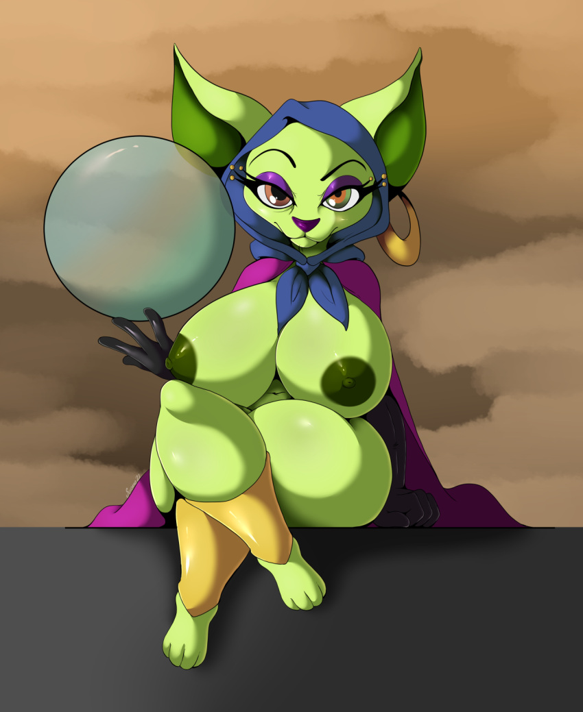 2021 4_toes anthro areola barefoot big_breasts breasts canid canine canis cartoon_network chihuahua clothing courage_the_cowardly_dog crossed_legs crystal_ball curvaceous curvy_figure digital_media_(artwork) domestic_dog ear_piercing ear_ring eyelashes eyeshadow feet female front_view fur green_body green_eyes green_fur green_nipples gypsy heterochromia hi_res huge_breasts looking_at_viewer makeup mammal mostly_nude nipples orange_eyes piercing purple_eyeshadow shirley_the_medium short_stack sitting smile solo suirano thick_thighs toes toy_dog voluptuous wide_hips