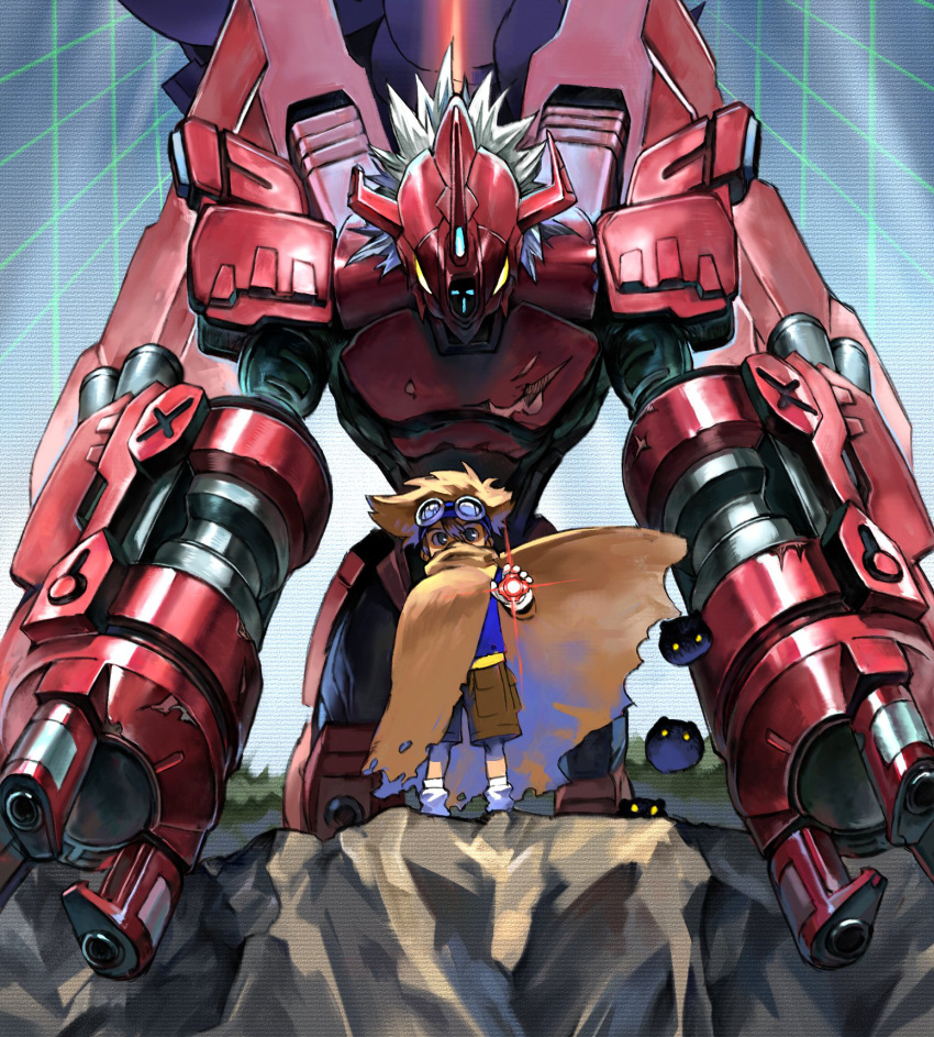 1boy arm_cannon armor blitzgreymon blue_shirt botamon brown_cape brown_hair brown_shorts cape commentary covered_mouth digimon digimon_(creature) digimon_adventure: digivice full_body gloves glowing glowing_eyes goggles goggles_on_head green_eyes hair_between_eyes hand_up highres holding horns level-00 looking_at_viewer loose_socks male_focus mecha plant shirt short_hair shorts sketch socks spiked_hair t-shirt torn_cape torn_clothes weapon white_gloves white_legwear yagami_taichi yellow_eyes