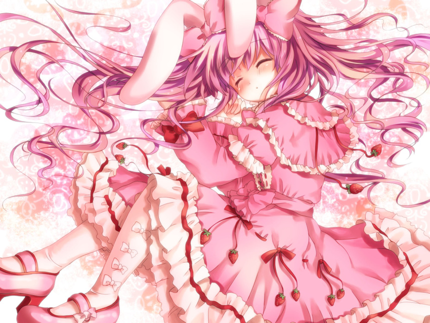 1girl animal_ears bangs blush bow bow_legwear bunny_ears commentary_request dress eyebrows_visible_through_hair food frilled_bow frilled_dress frilled_sleeves frills fruit full_body hair_bow high_heels highres hizukiryou juliet_sleeves lolita_fashion long_hair long_sleeves open_mouth original pantyhose pink_dress pink_footwear pink_hair puffy_sleeves red_bow sleeping sleeve_bow solo strawberry sweet_lolita white_legwear