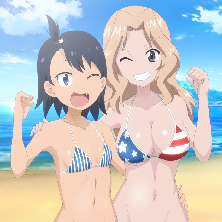 2girls ;d american_flag_bikini arm_around_shoulder arm_around_waist beach bikini black_hair blonde_hair blue_bikini blue_eyes blue_sky breasts cleavage cloud cloudy_sky commentary crossover day fang flag_print girls_und_panzer gogopaint grin hair_intakes halterneck highres hodaka_natsumi houkago_teibou_nisshi kay_(girls_und_panzer) large_breasts long_hair looking_at_viewer multiple_girls navel one_eye_closed one_side_up open_mouth outdoors short_hair sky small_breasts smile standing string_bikini striped swimsuit vertical-striped_bikini vertical_stripes