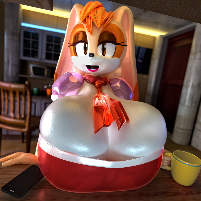 1:1 3d_(artwork) ascot big_breasts blender_(software) breast_squish breasts cleavage clothed clothing curvy_figure digital_media_(artwork) exposed_breasts female first_person_view hi_res huge_breasts inside lagomorph latex_dress leporid mammal mature_female palisal rabbit rubber smile sonic_the_hedgehog_(series) squish tight_clothing vanilla_the_rabbit voluptuous