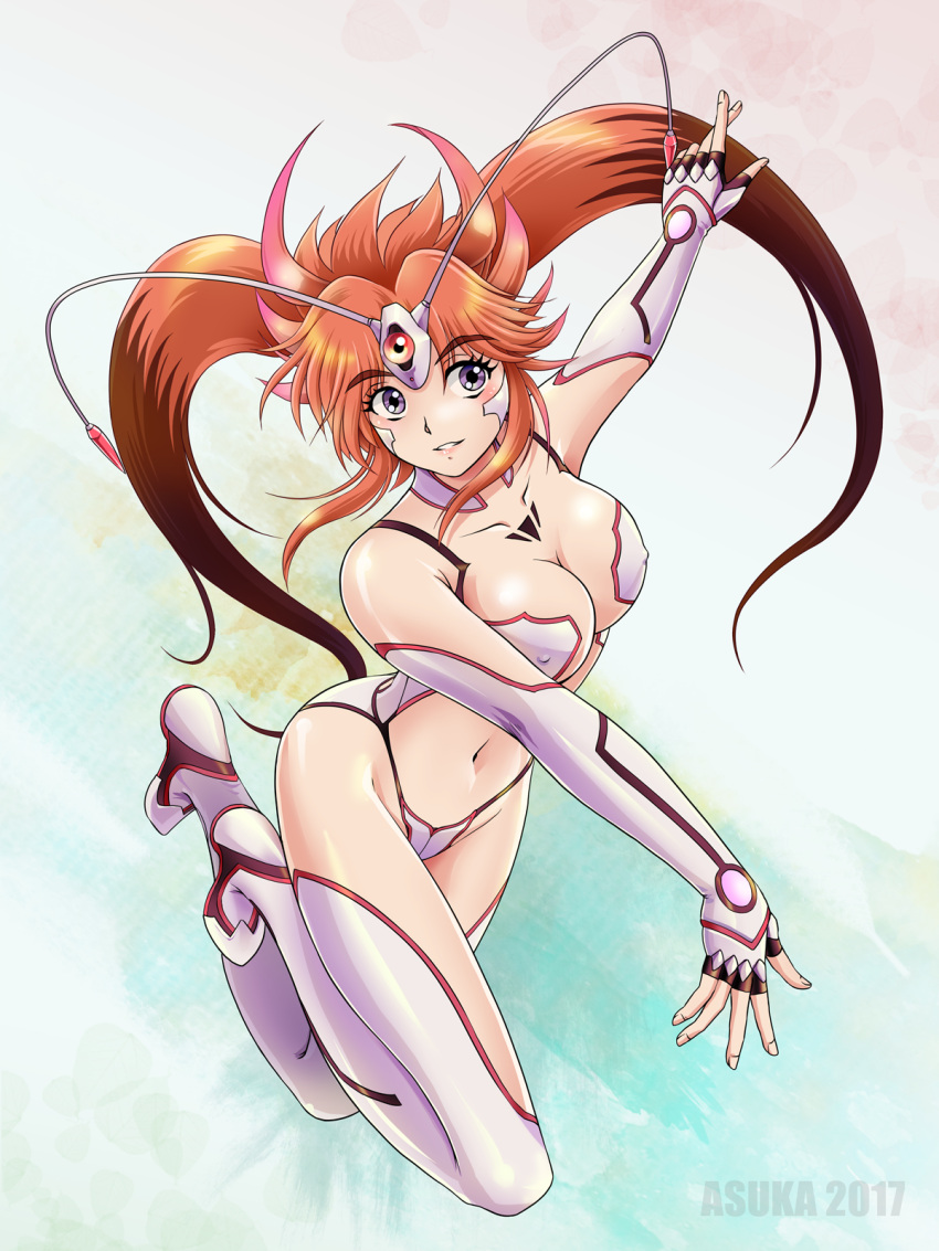 1girl 2017 asuka_(hengen_sennin_asuka) boots breasts brown_hair character_name cleavage collarbone commentary_request covered_nipples elbow_gloves fingerless_gloves full_body gloves grey_eyes hengen_sennin_asuka highres long_hair medium_breasts parted_lips partial_commentary revealing_clothes shiny shiny_skin sidelocks smile solo tamanegiinyo thigh_boots thighhighs twintails white_footwear white_gloves white_legwear