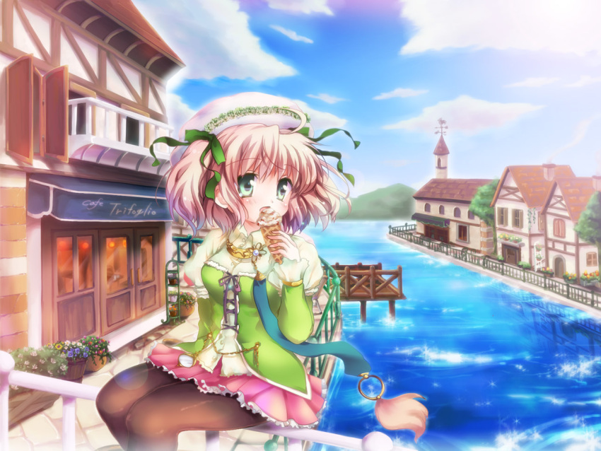 1girl balcony bangs blue_flower blue_sky blush breasts brown_legwear building cloud commentary_request day dress eating eyebrows_visible_through_hair feet_out_of_frame fence flower food green_dress green_eyes hair_between_eyes hizukiryou ice_cream lake looking_afar medium_breasts medium_hair mountainous_horizon open_mouth original outdoors pantyhose pier pink_hair pink_skirt plant potted_plant red_flower river sitting skirt sky solo sparkle two_side_up water weather_vane window yellow_flower