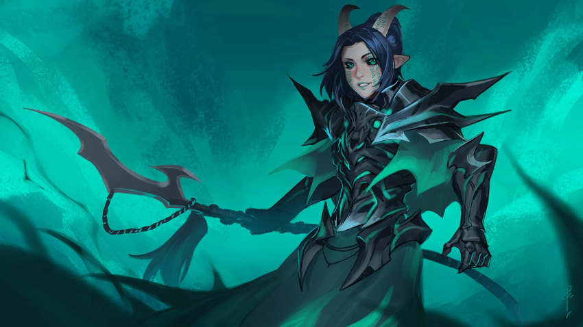 1girl armor avacyn black_sclera blue_eyes blue_hair breastplate colored_sclera facing_viewer full_armor gauntlets greaves green_eyes green_theme highres holding holding_weapon horns less looking_at_viewer original pointy_ears polearm ponytail shoulder_armor signature smile solo spikes teeth weapon
