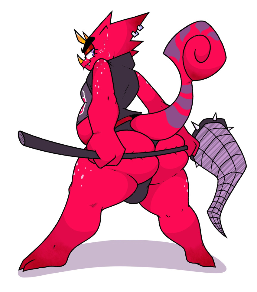 animal_crossing anthro belly big_butt bigpornzexe bug_net butt chameleon clothing flick_(animal_crossing) goth hi_res lizard looking_back male nintendo red_body red_scales reptile scales scalie slightly_chubby solo thong underwear video_games