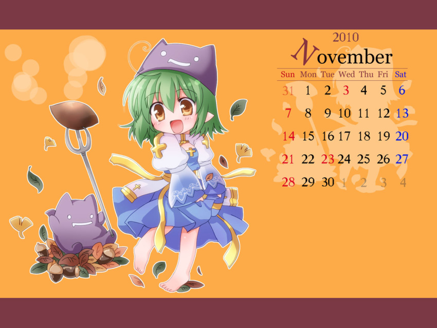 1girl 2010 acorn archbishop_(ragnarok_online) bangs barefoot blowing_leaves blue_dress blush brown_eyes calendar_(medium) chibi cleavage_cutout clothing_cutout commentary_request cross deviruchi deviruchi_hat dress eyebrows_visible_through_hair food full_body green_hair hair_between_eyes hat hizukiryou holding holding_pitchfork juliet_sleeves leaf letterboxed long_sleeves looking_to_the_side medium_hair november open_mouth pitchfork pointy_ears puffy_sleeves ragnarok_online sweet_potato two-tone_dress white_dress