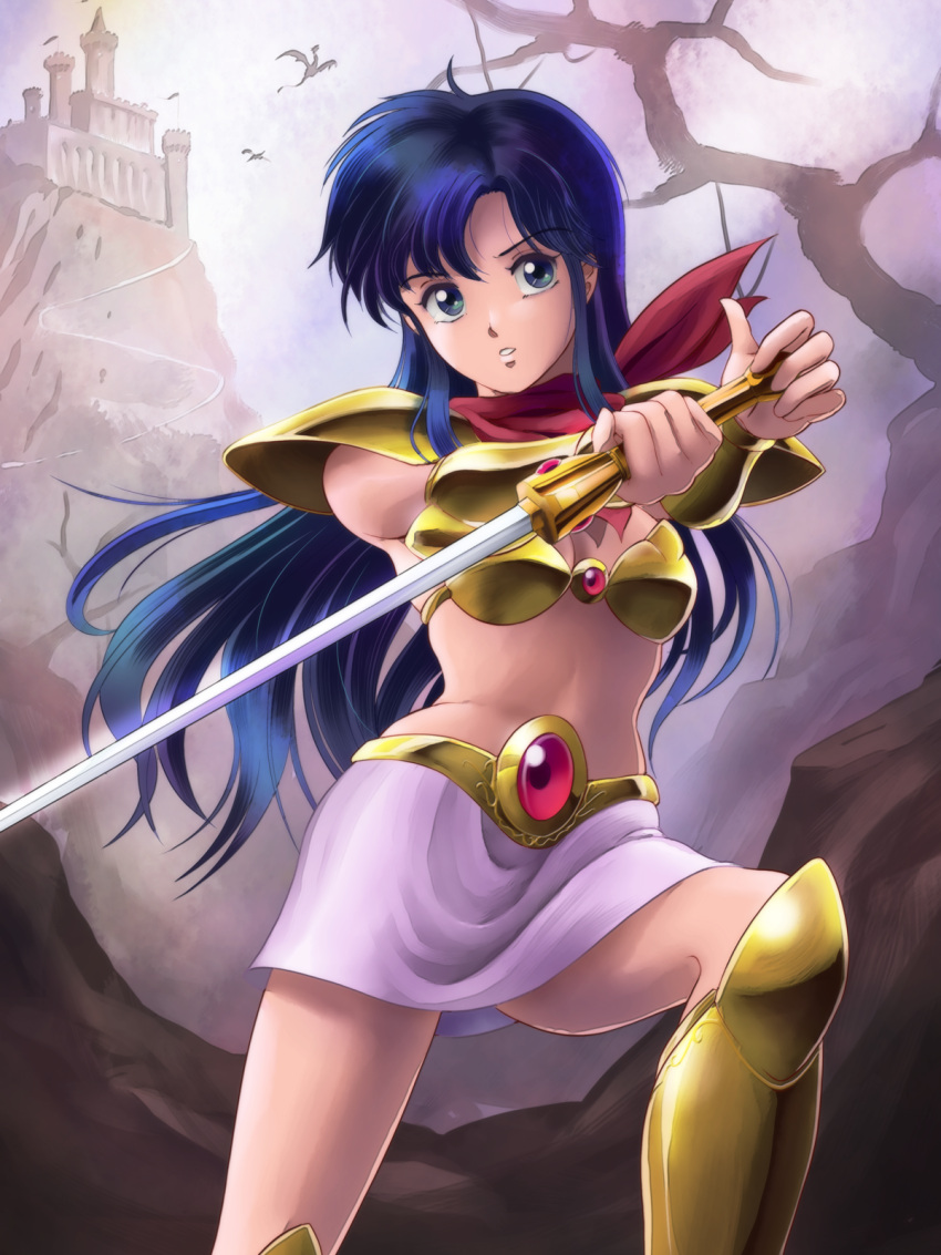 1980s_(style) 1girl armor asou_yuuko bikini_armor blue_eyes blue_hair boots castle commentary_request dark_blue_hair gold_armor highres knee_boots long_hair mugen_senshi_valis partial_commentary pauldrons red_scarf retro_artstyle scarf shoulder_armor skirt solo sword tamanegiinyo tree valis weapon white_skirt