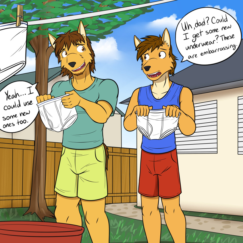 1:1 anthro backyard bottomwear briefs canid canine canis clothed clothes_line clothing coyote dialogue duo english_text facial_hair father father_and_child father_and_son fully_clothed fuze goatee hi_res holding_clothing holding_object holding_underwear male mammal mond_reyes outside parent parent_and_child shirt shorts son t-shirt tank_top texnatsu text tighty_whities topwear underwear white_clothing white_underwear