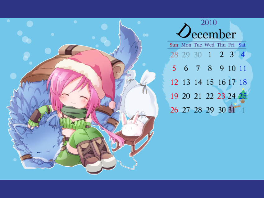 1girl 2010 bag bangs black_bra blush boots bra brown_footwear bunny calendar_(medium) chibi christmas closed_eyes closed_mouth commentary_request december elbow_gloves eyebrows_visible_through_hair fingerless_gloves full_body gloves green_gloves green_legwear green_scarf green_shorts green_tubetop hat hizukiryou long_hair lunatic_(ragnarok_online) petting pink_hair ragnarok_online ranger_(ragnarok_online) santa_hat scarf shorts sled smile strapless thighhighs tubetop underwear wolf