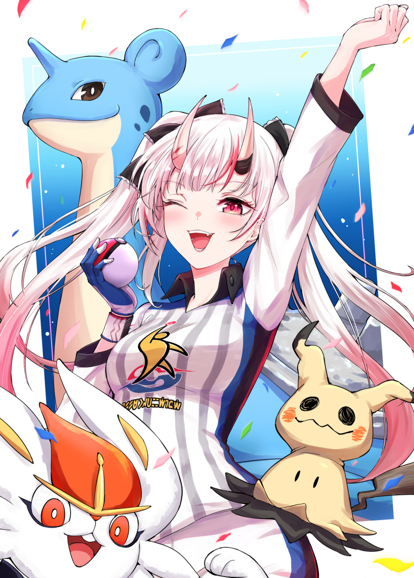 1girl alternate_costume arm_up black_ribbon blue_gloves blush breasts cinderace commentary confetti cowboy_shot fang gen_1_pokemon gen_7_pokemon gen_8_pokemon gloves gradient_hair gym_challenge_uniform hair_ribbon highres holding holding_poke_ball hololive horns lapras long_hair looking_at_viewer medium_breasts mimikyu multicolored_hair nakiri_ayame one_eye_closed oni_horns open_mouth poke_ball pokemon pokemon_(game) pokemon_swsh red_hair ribbon shirt shorts silver_hair single_glove smile streaked_hair striped striped_shirt sweatband twintails two-tone_hair vertical-striped_shirt vertical_stripes virtual_youtuber white_shirt white_shorts wing_collar wristband yuu201023