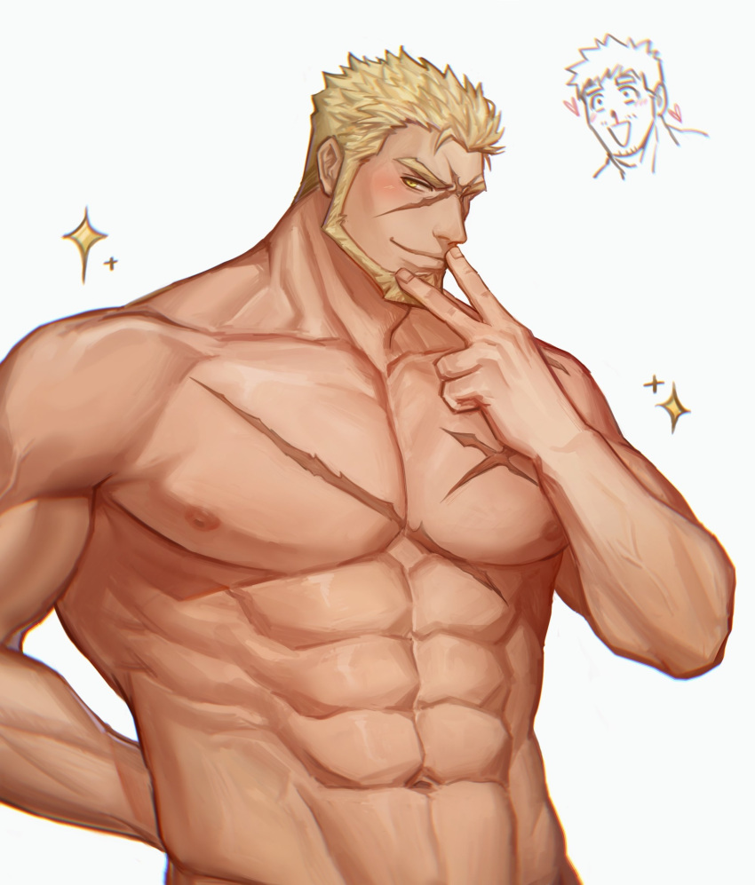 2boys abs bara beard blonde_hair blood blush chibi chibi_inset completely_nude facial_hair finger_to_mouth gyee heart highres ina_zuma large_pectorals looking_at_viewer male_focus markus_(gyee) mature_male multiple_boys muscular muscular_male navel nipples nosebleed nude pectorals scar scar_on_cheek scar_on_chest scar_on_face short_hair smile solo_focus spiked_hair stomach yaoi yellow_eyes