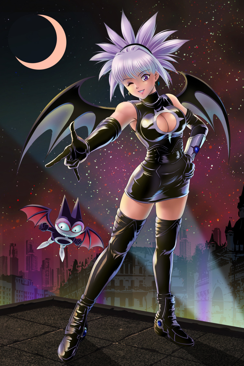 1girl bat_wings black_legwear breasts cleavage cleavage_cutout clothing_cutout commentary_request de-mo dress earrings elbow_gloves gloves highres jewelry komori_aimi magical_girl medium_breasts one_eye_closed partial_commentary purple_eyes shadow_lady silver_hair skin_tight sleeveless sleeveless_dress smile tamanegiinyo thighhighs wings