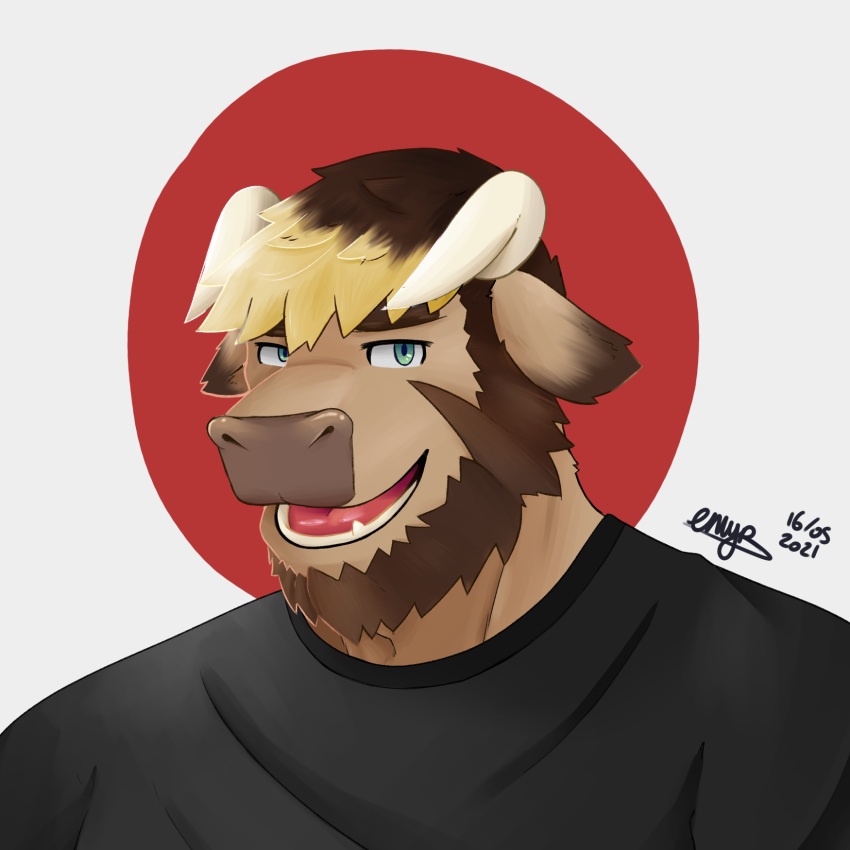 anthro beard black_clothing bovid bovine brown_body brown_fur cattle clothing dyed-hair emyr_minotaur eyebrows eyeless facial_hair floppy_ears fur green_eyes hair hi_res horn humanoid male mammal open_mouth simple_background smile solo